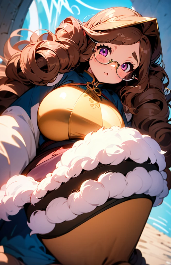 Anime, 1 elf woman, huge wavy hairstyle, camel-brown hair, elf ears, detailed eyes, tiny glasses, pink eyes, big And round buson, gorgeous plump body, viking armor, fluffy Cape, glory belt, fluffy long skirt, heavy boots, butterfly's wings