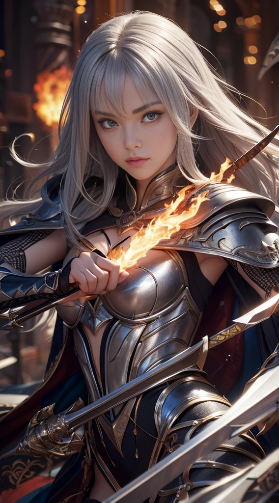 Unbeatable masterpiece, Ultra photo realsisim, Perfect artwork, Intricate details, Best quality, Strong light,High contrast,(Masterpiece) , (Best quality) , (ultradetailed) , illustration , Dynamic Angle .igirl , game character portrait , Colorful ,Beautiful detailed eyes , Portrait , Colorful ,Translucent hair , (glowing inner hair) , the perfect appearance , (Chiaroscuro lighting:1.2) , (Holding a sword:1.25) , (White armor:1.2)(Something) , blond hairbl , [Blue eyes, Green eyes] , Expressionless , Bare legs , (Watercolor painting:1.4) , (Fire:1.35) , Look at the audience from below , god light