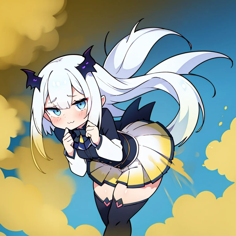 Cute white-haired succubus girl farting(HUD’s two-dimensional face),Wearing a short light blue skirt,farting(yellow smoke),