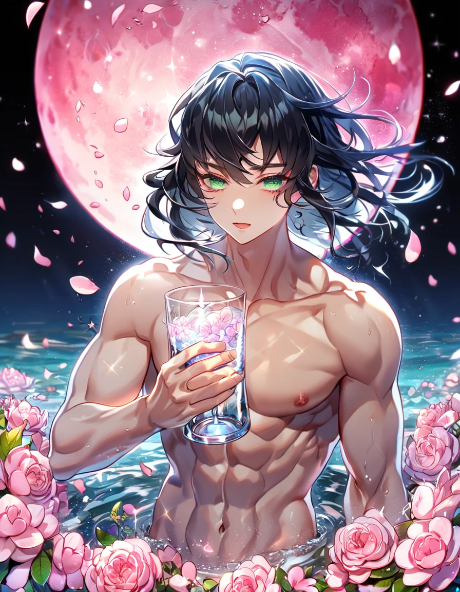 absurdres, highres, ultra detailed, HDR, master piece, best quality, extremely detailed, Hashibira Inosuke, black hair, expressive pale green eyes, Kimetsu No Yaiba, solo, sexy man, handsome, bare chest, toned chest, without shirt, magical, fantasy, glittering, sparkling, glass, pink flowers, pink petals, water, pink moon