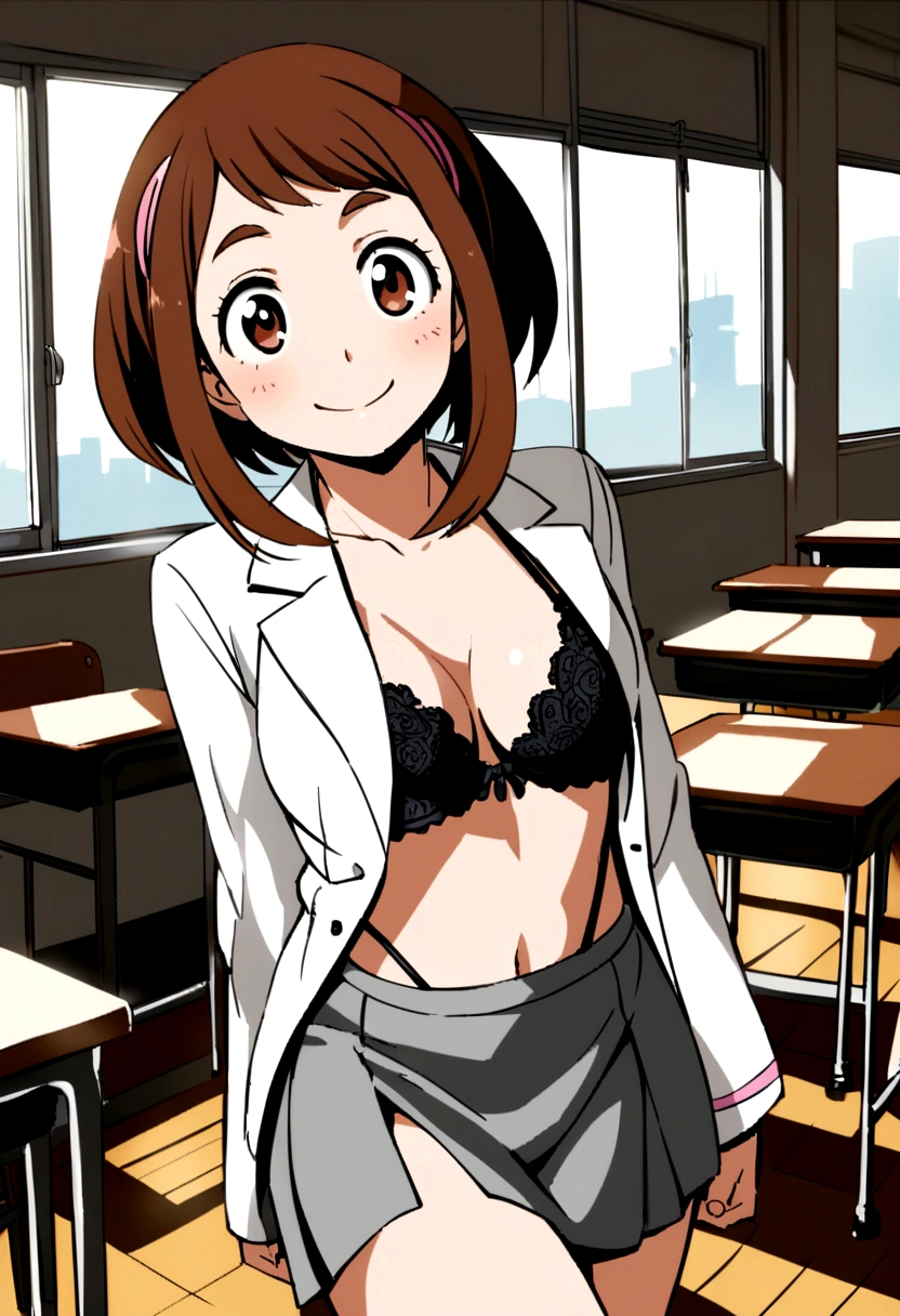 Ochako Uraraka, gray tailored suit, open jacket, A white blouse, open blouse, black lace bra, medium breasts, slips thong, gray mid-thigh skirt, smiling, Classroom, noon.