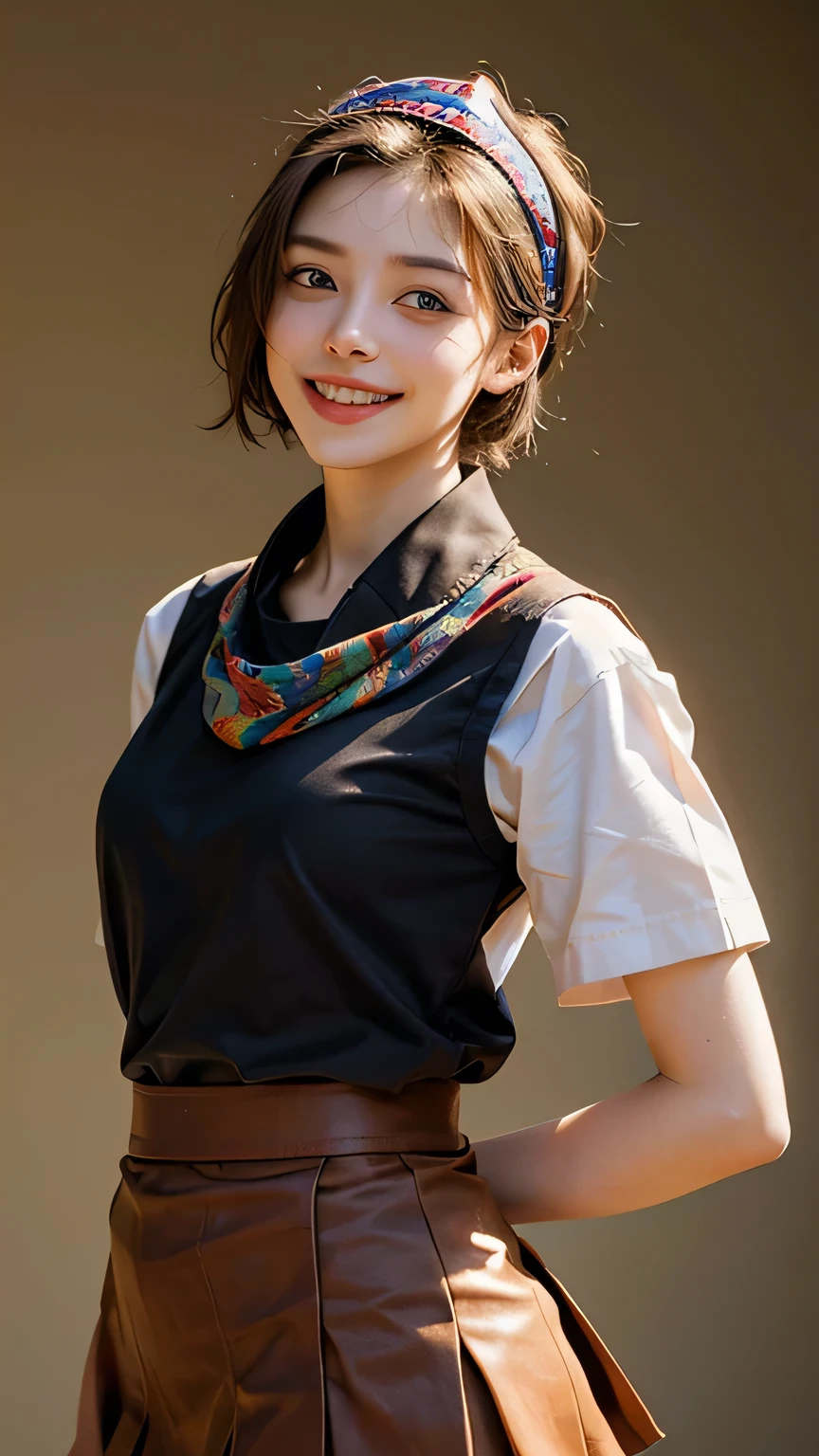 highest quality, masterpiece, Ultra-high resolution,8k, (Realistic:1.6), (Facing portraits) RAW Photos, 1 girl, 22 years old,((Miniskirt Uniform)),((short hair)),((Wear a bandana on your head)),((Looking up at the audience)),Realistic,((Simple solid color background)), Image Media Chest)),((Smiling with teeth showing)),