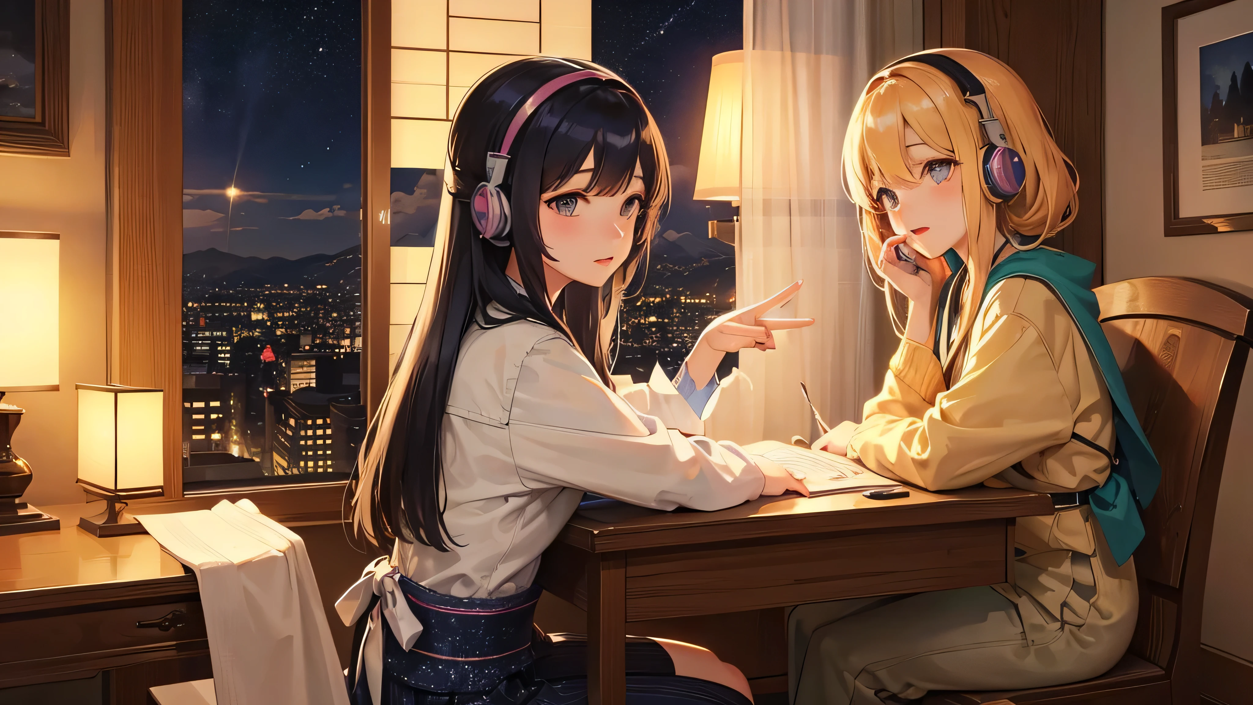 A beautiful girl studying while listening to music with headphones in the room, warm lighting, the starry sky spreads outside the room, Japanese anime style