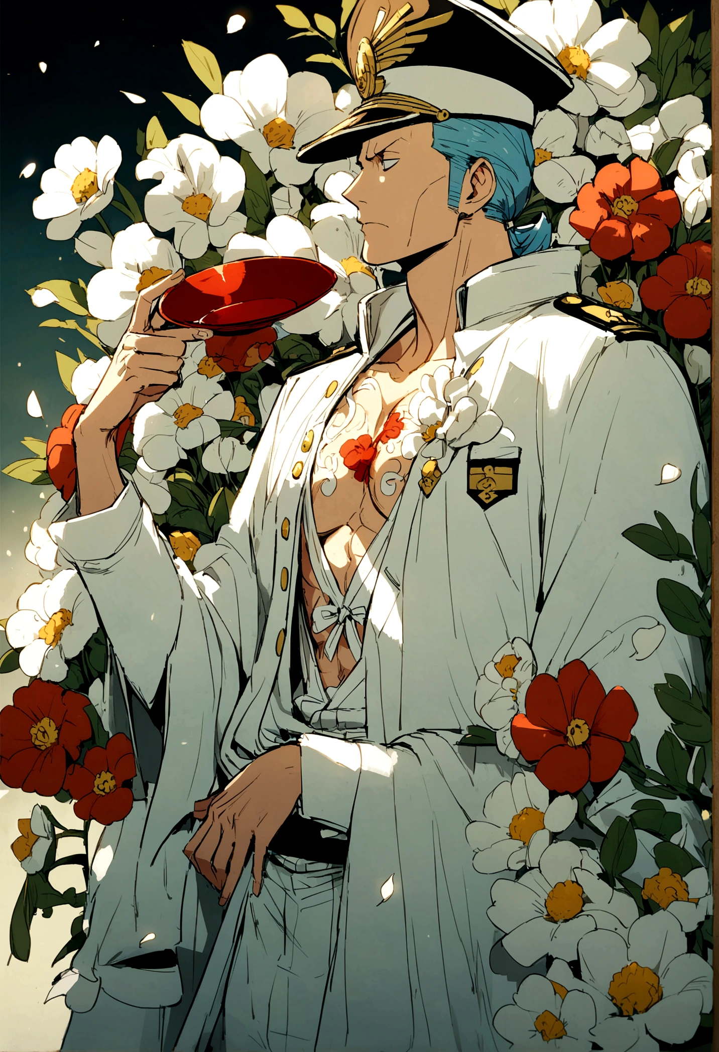 anime、one piece、Fleet Admiral、Sakazuki、fire、Flowers on chest、White coat、White clothes