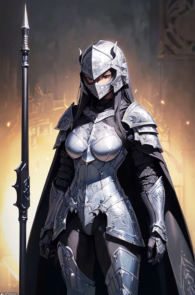 (masterpiece; best quality: 1.2), ((full armored knight woman)), ((solo)), (black eyes: 1.4), (body; toned, strong, femenine: 1.3), (beautiful and clear background: 1.2), ((depth of field)), (equipment: full plate black-damascus realistic armor + closed helmet with plume + black cape: 1.3), (anime illustration: 1.2), (background composition; garden exterior + furniture: 1.1), (extremely fine and beautiful: 1.1), (shot composition; standing + centered on torso + close-up: 1.5)
