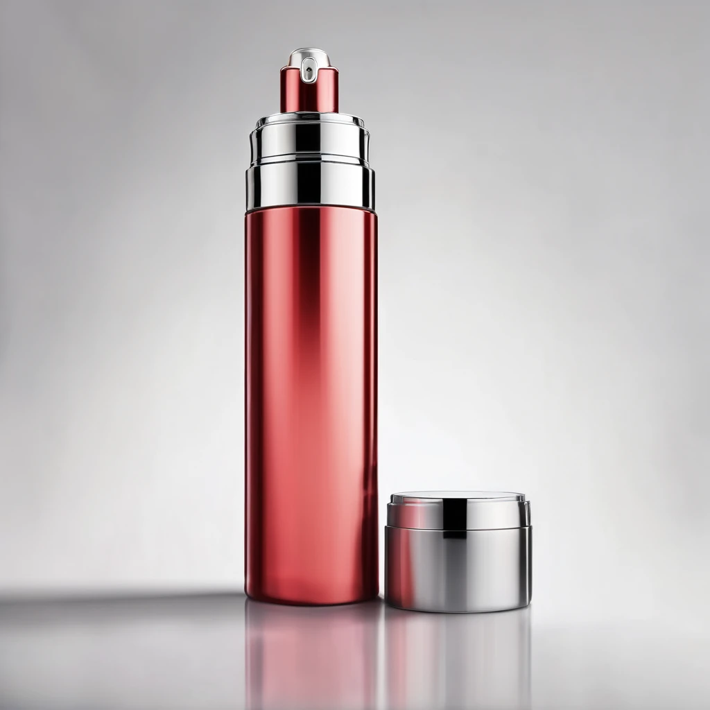 Barrel cosmetic bottle, light red liquid inside, metallic cap, white background, best image quality.