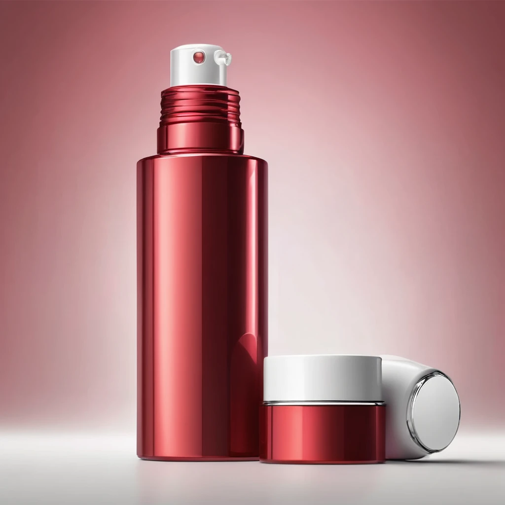 Barrel cosmetic bottle, light red liquid inside, metallic cap, white background, best image quality.