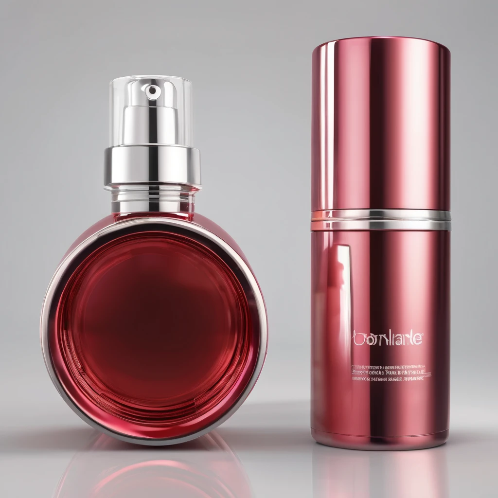 Barrel cosmetic bottle, light red liquid inside, metallic cap, white background, best image quality.
