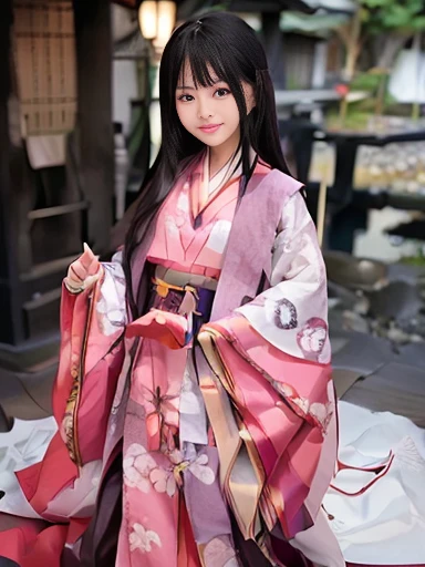 Japanese female, a lot of details, (underweight), 30 years old, detailed black hair, beautiful detailed hair, super fucking beautiful, delicate beautiful face, complex details beautiful and delicate eyes, perfect hands, (flat chest best quality:1.5), perfect and delicate limbs, detailed skin, best quality, ultra-detailed,(cheerful grin:1.5),
Japanese festival, (12 hitoes:1.3), with a shrine, full body shot, from below, colorful lighting, ambient lighting