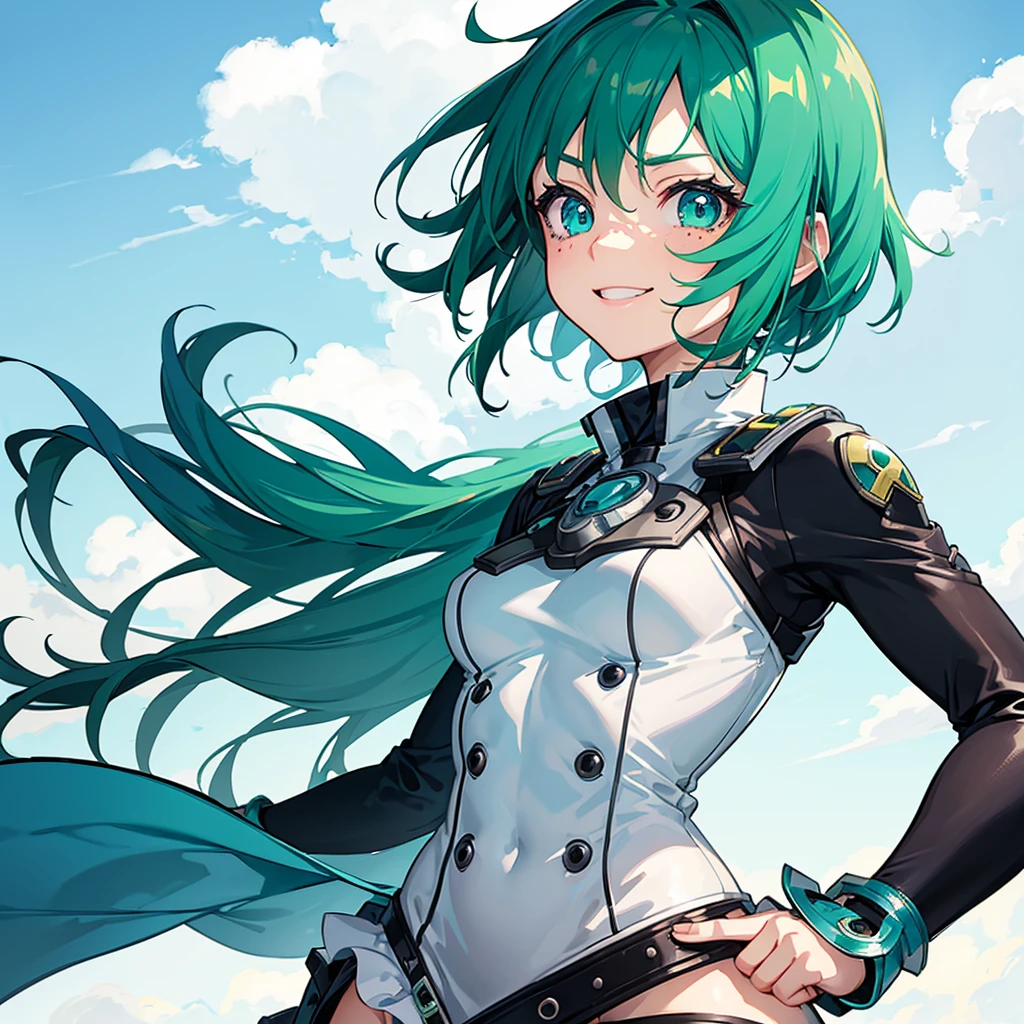 A Boku no hero style girl. She has short green and blue hair, She has one green eye and one blue eye that reminds her of nature and the sea. She has a smile and has freckles on her white skin.
