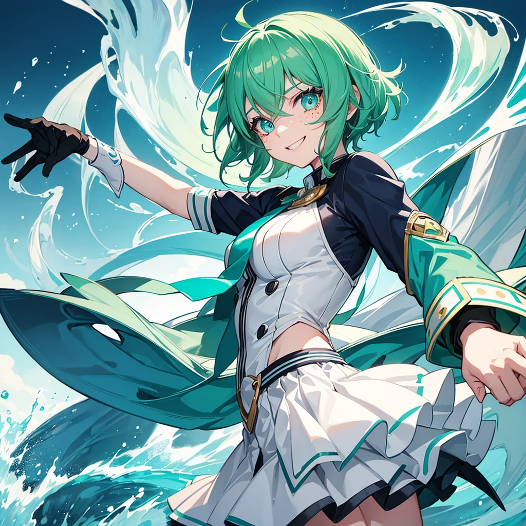 A Boku no hero style girl. She has short green and blue hair, She has one green eye and one blue eye that reminds her of nature and the sea. She has a smile and has freckles on her white skin. 