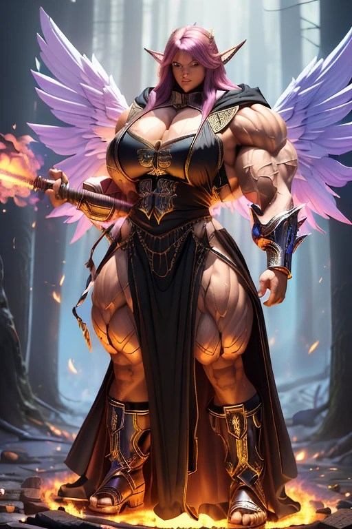 ((((Massive, tall, beautiful, buff, muscular brown skinned woman mage with shocking pink hair, huge angel wings, ginormous bulky muscles, holding a fire mage staff and wearing a beautiful hooded black enchanted robe with long long skirt)))), (close view), vascular, massive muscles, massive biceps, hyper muscle shoulders, hyper muscle triceps, (angled bob cut), red eyes, (wearing a long extremely intricate robes, long magical robes), (black mage boots), smirk, black gauntlets, (in a black Mystical forest), at evening, Vascular arms, hyper vascular arm, hyper muscles arms, hyper muscle legs, massive arms.