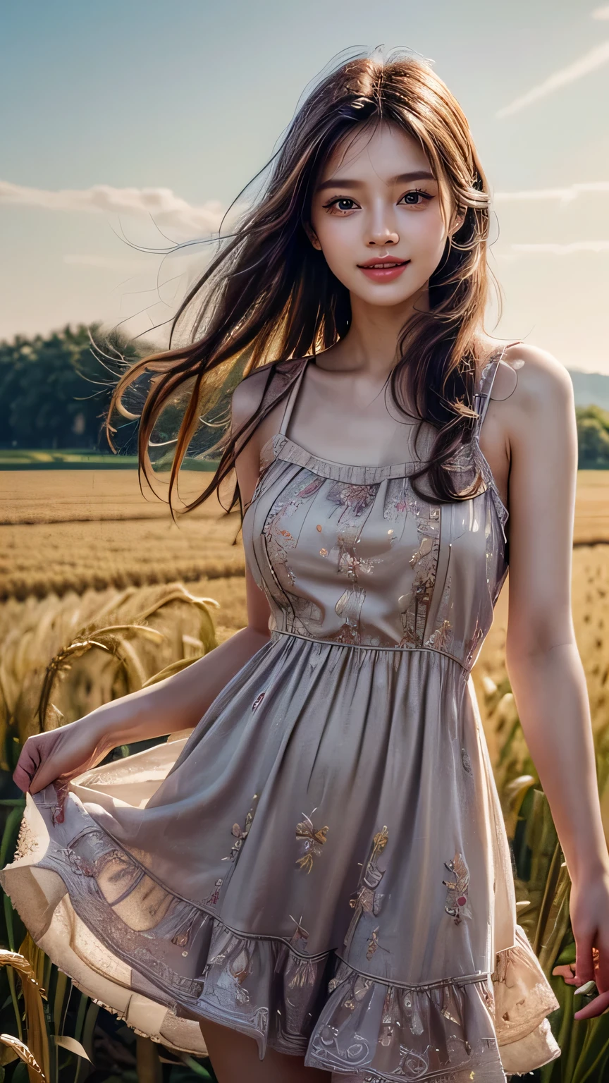 ((Masterpiece 1.4)), CG Unity 8k walpaper, ((Realistic: 1.2)), Ray Tracing, k, Beautiful 20 years girl, Asian realistic girl, ((Young perfect slender Girl)), Ultra Realistic, ultra HD, ((pink colour Sundress)), (floral Dress)), ((Super round breast under the dress)), ((young breasts)), Young body, perfect shape body, ((romantic looks)), stylish Poses ((Wheat agriculture Fields)), ((Detailed wheat Fields)), ((healthy wheat plants in Fields)), Standing, ((Every where wheat Fields)), Beautiful smile, ((smile: 1.2)), ((detailed background)), ((Detailed Dress)), ((Detailed body)), ((detailed skin)), ((realistic lips)), ((realistic smile)), Long Black hair, cinematic lighting, cinematic Photography, High resolution Dress Quality, High resolution picture quality,