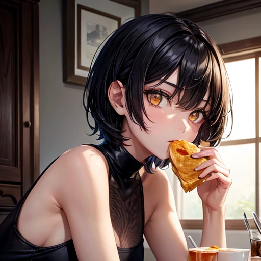 girl, Highest, masterpiece, black, Golden Eyes, black, look up, Upper Body, hair, Fair skin, Short hair　Eating a breakfast set