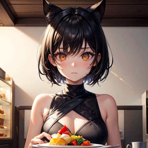 girl, Highest, masterpiece, black, Golden Eyes, black, look up, Upper Body, hair, Fair skin, Short hair　Eating a breakfast set