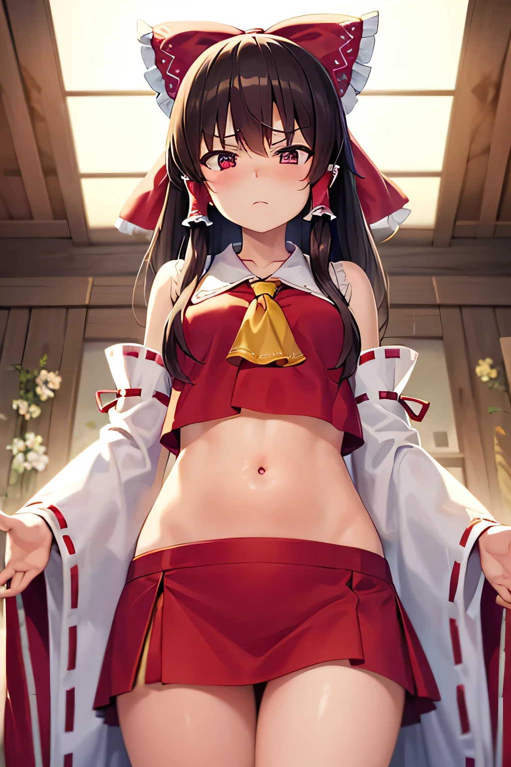 super fine illustration, vibrant colors, masterpiece, sharp focus, best quality, depth of field, cinematic lighting, ultra detailed, blush, annoyed, belly button, navel, tummy, crop top, shrine maiden, hakurei reimu, 1girl, hair bow, ascot, hair tubes, detached sleeves, looking down, red shirt, red skirt, very long hair, very messy hair, dark brown hair, indoors, mature woman, ,hakurei reimu, 1girl, hair bow, ascot, hair tubes, miko, detached sleeves, Reimu Hakurei, shirt grab