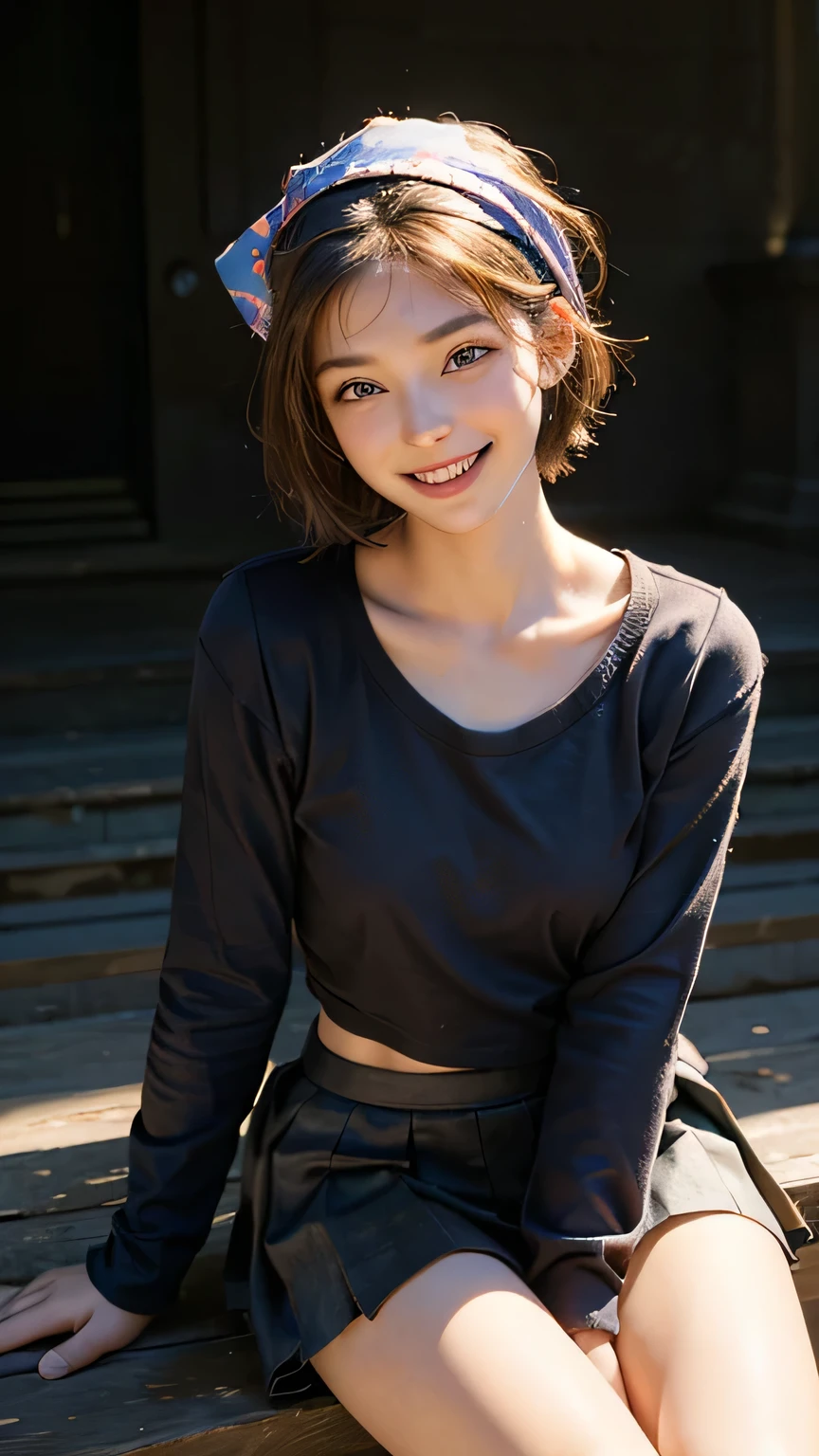 highest quality, masterpiece, Ultra-high resolution,8k, (Realistic:1.6), (Facing portraits) RAW Photos, 1 girl, 22 years old,((Miniskirt Uniform)),((short hair)),((Wear a bandana on your head)),((Looking up at the audience)),Realistic,((Simple solid color background)), Image Media Chest)),((Smiling with teeth showing)),