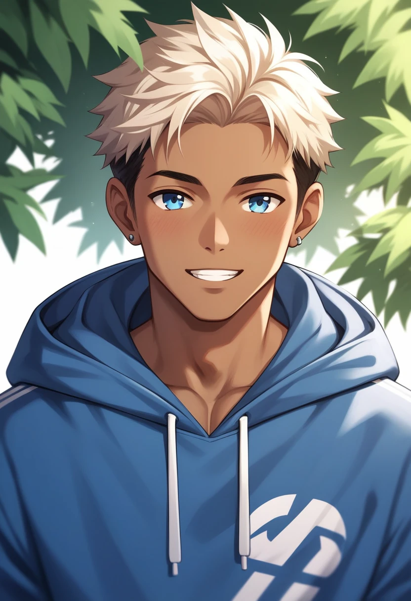 Masterpiece, Best Quality, 1Boy, brown skin ,blue eyes, wearing a hoodie, looking at a white tree
