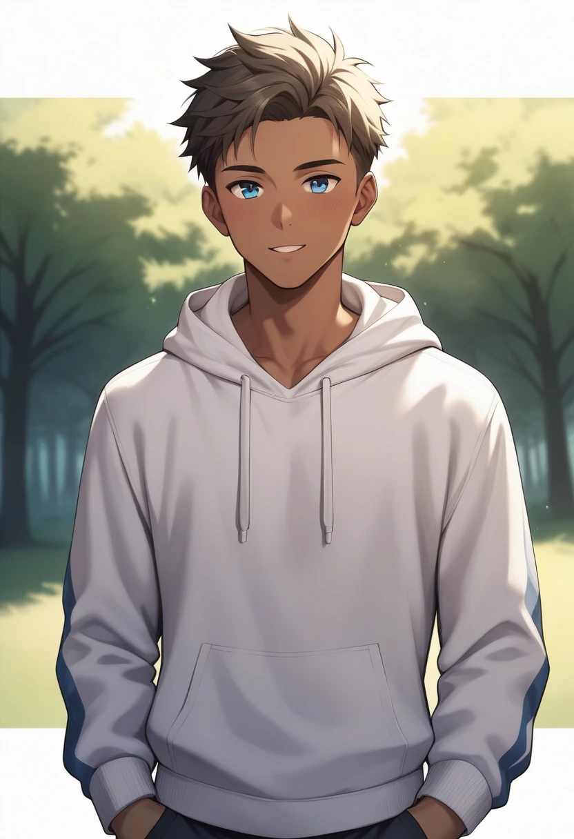 Masterpiece, Best Quality, 1Boy, brown skin ,blue eyes, wearing a hoodie, looking at a white tree