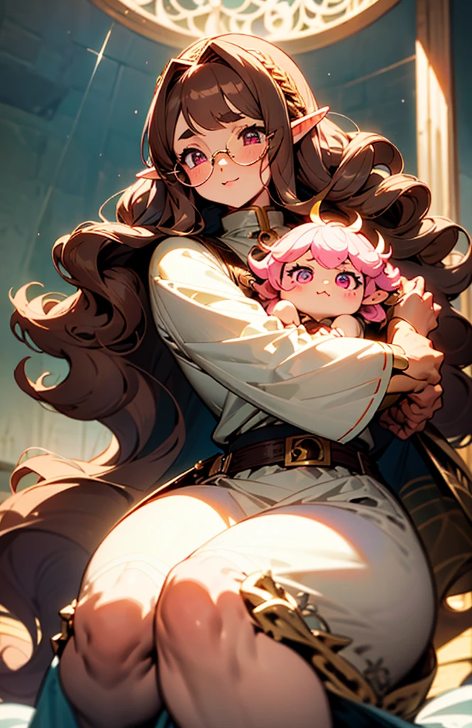 Anime, 1 elf woman, huge wavy hairstyle, camel-brown hair, elf ears, detailed eyes, tiny glasses, pink eyes, evil smile, evil eyes, big And round buson, gorgeous plump body, viking armor, fluffy Cape, glory belt, fluffy long skirt, heavy boots, butterfly's wings