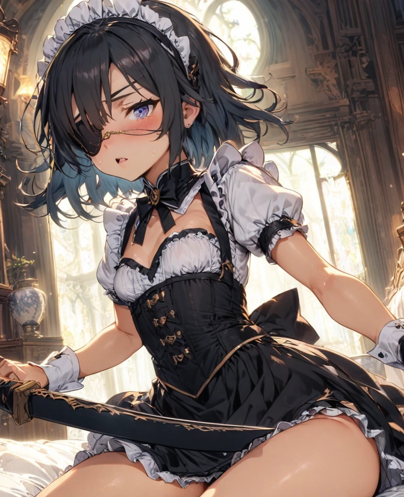 Black Hair　　Eye patch　Short Sword　Thighs　Maid clothes　Petite　At the bed　Half naked　Sex