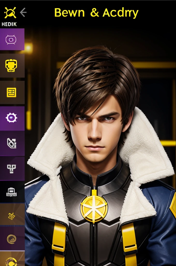 Screenshot of my hero academy.
Brown hair boy, white and black lock, fringe, parts, yellow and purple eyes