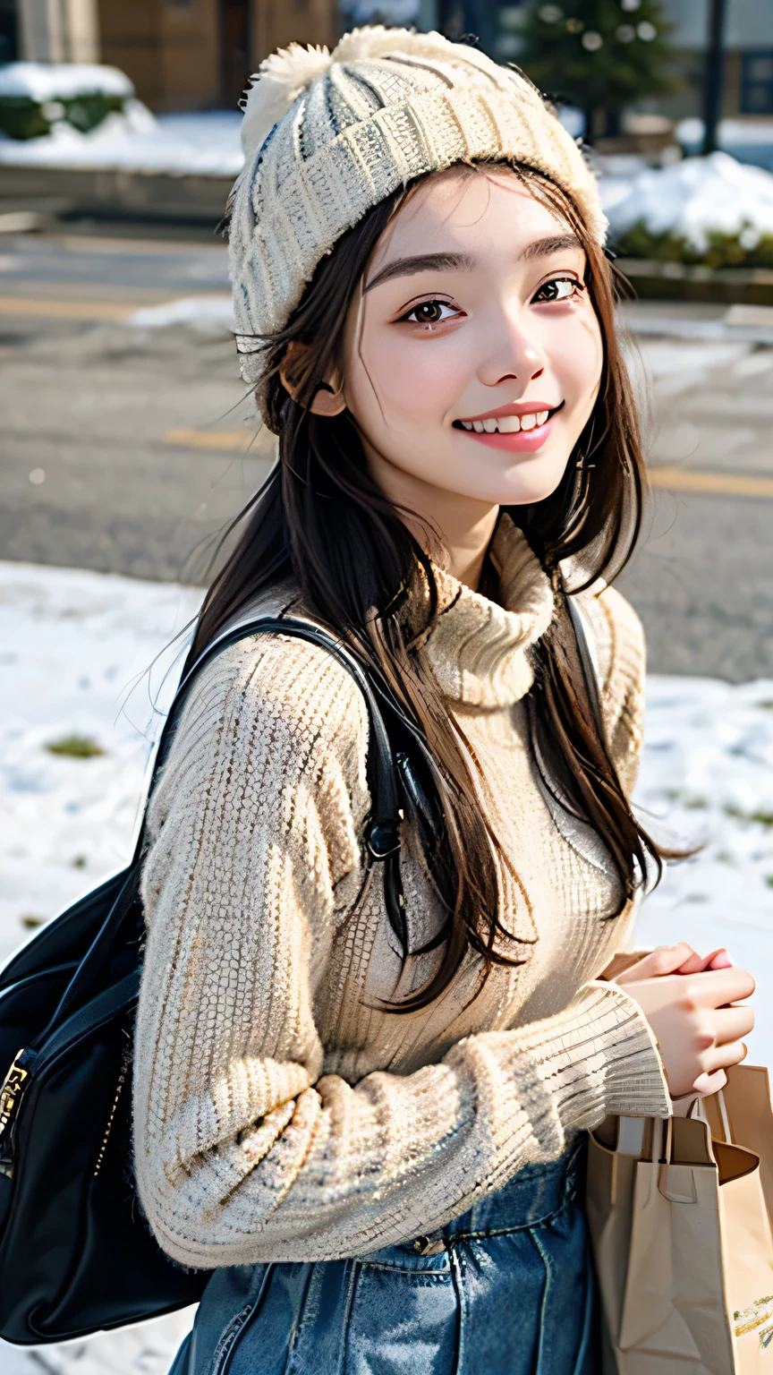 highest quality, masterpiece, ultra high resolution, (realistic:1.4), (portrait facing each other) RAW photo, 1 girl, 18-year-old,((winter school uniform)),((Knit hat and muffler)),((Hold out a paper bag containing a gift to the viewer with both hands.)),((looking up at the viewer)),(blush),masterpiece, realistic pictures, saturation, contrast, ((small breasts)),((smile showing teeth)),short hair,