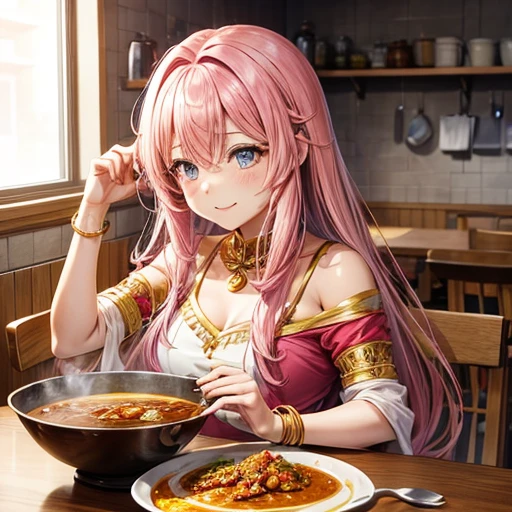 Pink-haired goddess eating curry Indian traditional clothing Isekai Cafeteria ナンがある