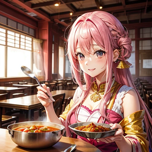 Pink-haired goddess eating curry Indian traditional clothing Isekai Cafeteria ナンがある