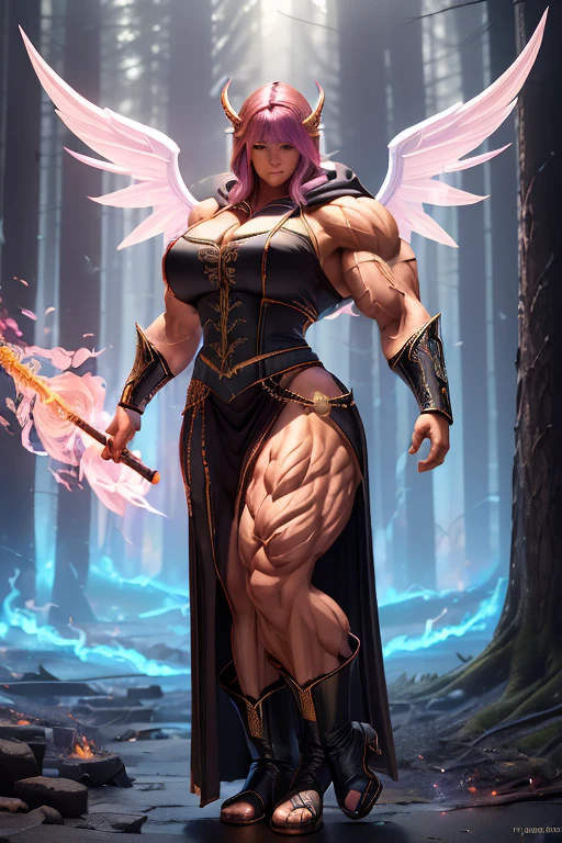((((Massive, tall, beautiful, buff, muscular brown skinned woman mage with shocking pink hair, huge angel wings, ginormous bulky muscles, holding a fire mage staff and wearing a beautiful hooded black enchanted robe with long long skirt)))), (close view), vascular, massive muscles, massive biceps, hyper muscle shoulders, hyper muscle triceps, (angled bob cut), red eyes, (wearing a long extremely intricate robes, long magical robes), (black mage boots), smirk, black gauntlets, (in a black Mystical forest), at evening, Vascular arms, hyper vascular arm, hyper muscles arms, hyper muscle legs, massive arms.