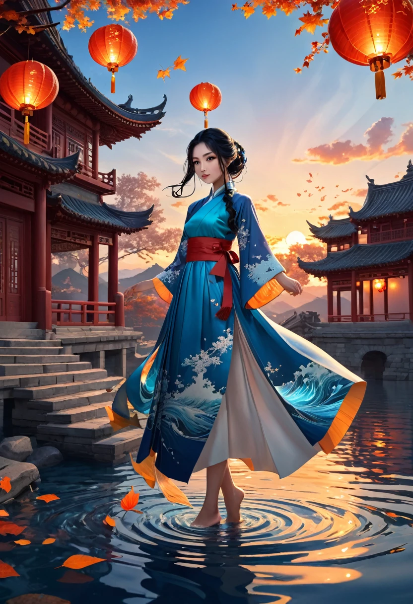 official art, unity 8k wallpaper, ultra detailed, beautiful and aesthetic, masterpiece, best quality, (Fire, water, ribbon, paper cutting), (fractal art:1.3) 1girl,building, (solo:1.5), chinese_clothes, sky, outdoors, wide_sleeves, black_hair, sunset, (falling_leaves:1.2), antern, (paper_lantern:1.5),blue sky, (outdoors:1.5),hanfu, (rainbow-candy:0.8), (style-swirlmagic:0.8),
