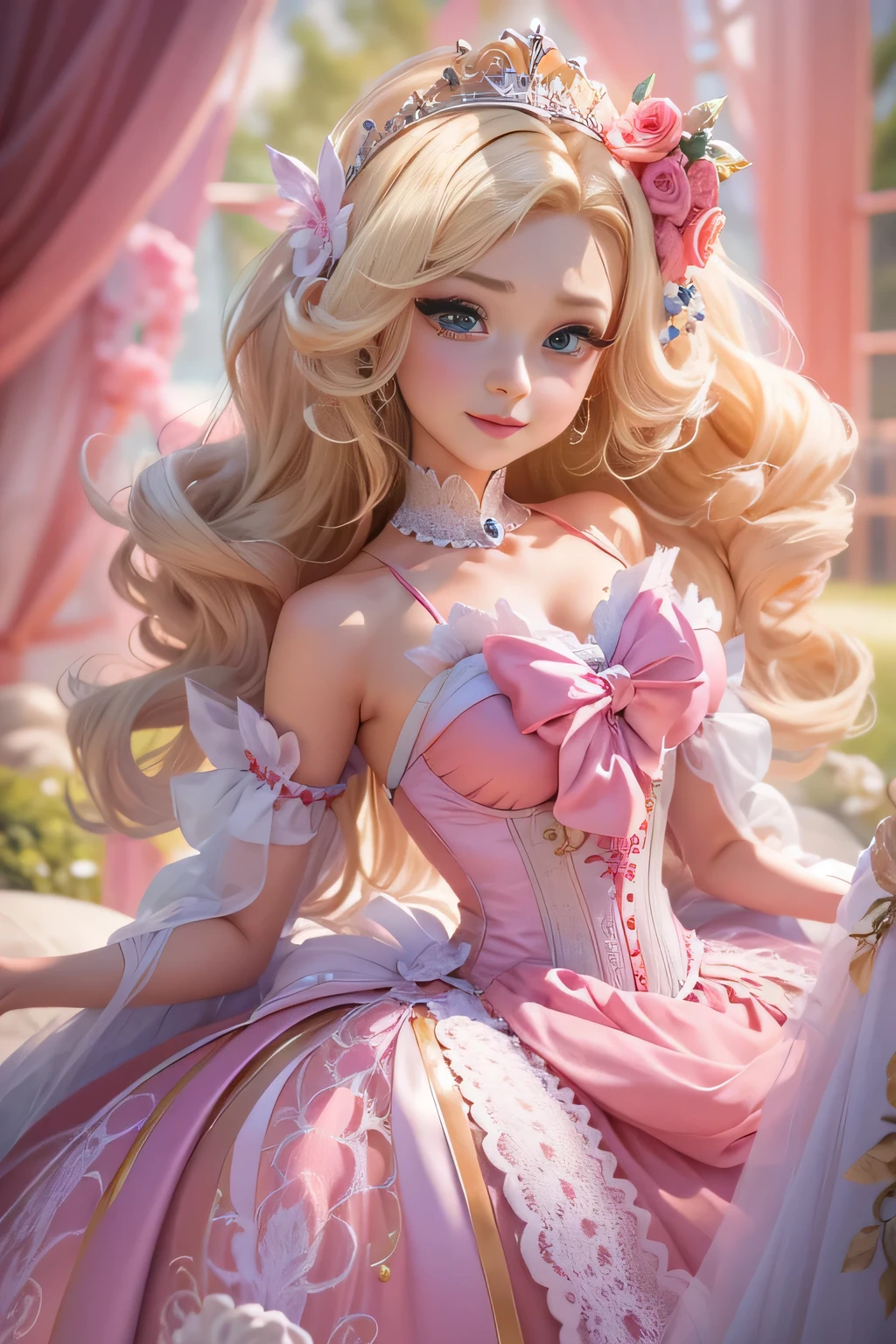 There is a doll in a prom dress, anime barbie in white,Pink rose space,  Anime princess, princess portrait, blond-haired princess, kindly smile, Kushatt Krenz Key Art Women, 3 d render stylized, 3 D rendering character art 8 K, Cute detailed digital art,  anime styled 3d，Masterpiece, Super detailed, Epic composition, Highest quality，