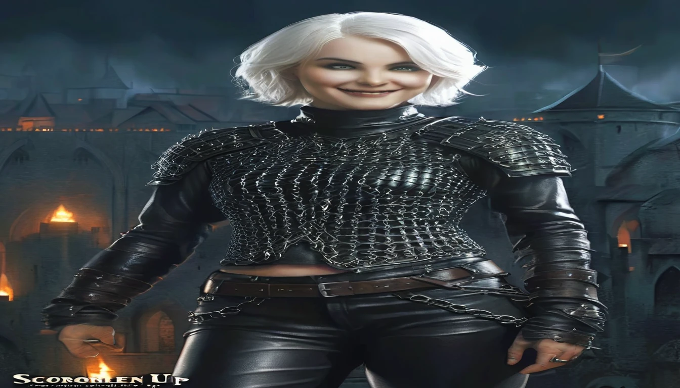 sabrina, solo, 1girl, white hair, short hair, smile, looking at the viewer, leather trousers, chainmail top, score_9, score_8_up, score_7_up, score_6_up, score_5_up, score_4_up, looking at the viewer, hand on own hip, a medieval city at night under siege, Dnd art, fantasy art, detailed