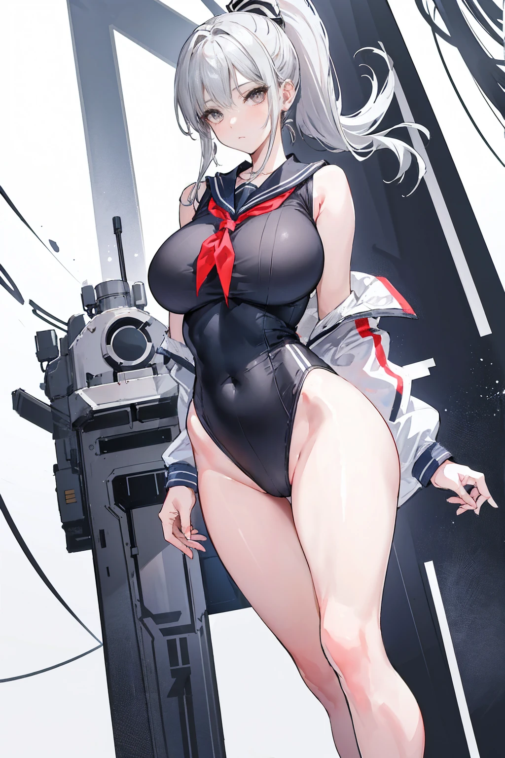 whole body,Standing posture, (Gray Hair,ponytail,) (Big Breasts,Woman in her 20s,), (Beautiful Face:1.2) (High leg leotard,Sailor suit,Sleeveless clothing,) Expressionless,(White background)