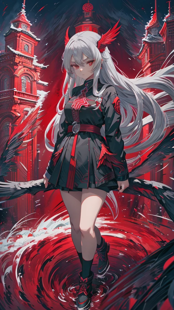 anime, anime girl, Gray Hair, Red eyes, Black Dress, Red wings, Red wings, Red wings, Red wings, Red wings, Red wings,, gothic maiden anime girl, anime style 4 k, blonde anime girl with long hair, anime fantasy artwork, anime girl with long hair, anime art wallpaper 4k, anime art wallpaper 4 k, demon anime girl
