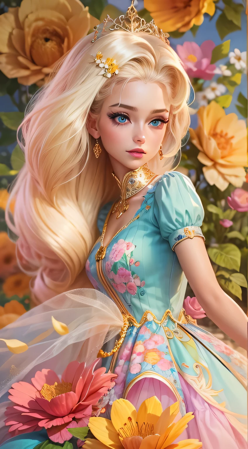 "A vibrant and glamorous Barbie doll portrait with impeccable details, capturing her elegance and charm in a high-resolution CG artwork. Radiant and flawless, the doll features a stylish outfit, stunning blue eyes, and perfectly styled (blonde hair:1.2). The soft lighting accentuates her beauty, while a hint of sparkle adds a touch of magic. Set against a dreamy background filled with pastel colors and delicate flowers, the composition creates a whimsical and enchanting atmosphere.+"