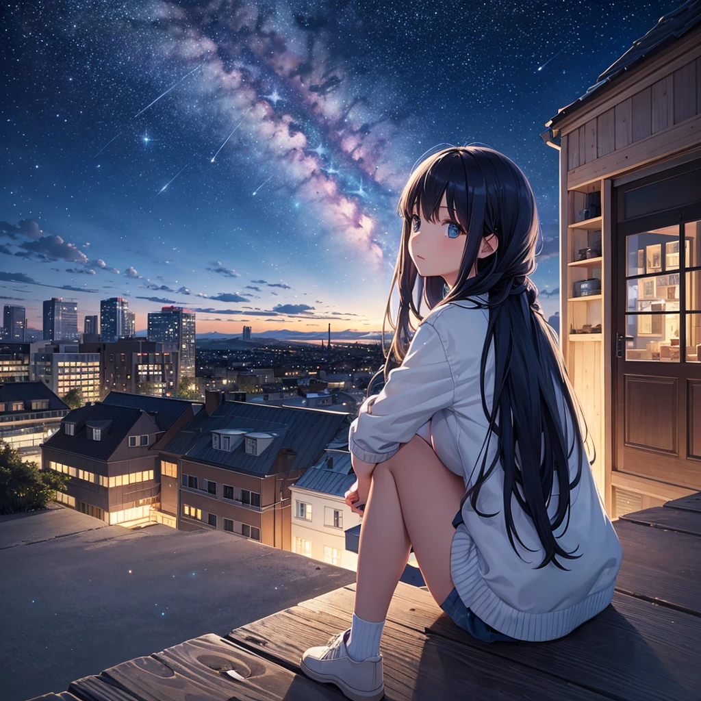 octans, sky, star (sky), scenery, starry sky, night, 1girl, night sky, solo, outdoors, building, cloud, milky way, sitting, tree, long hair, city, silhouette, cityscape