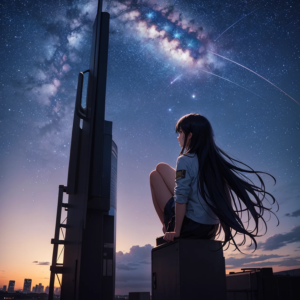 octans, sky, star (sky), scenery, starry sky, night, 1girl, night sky, solo, outdoors, building, cloud, milky way, sitting, tree, long hair, city, silhouette, cityscape