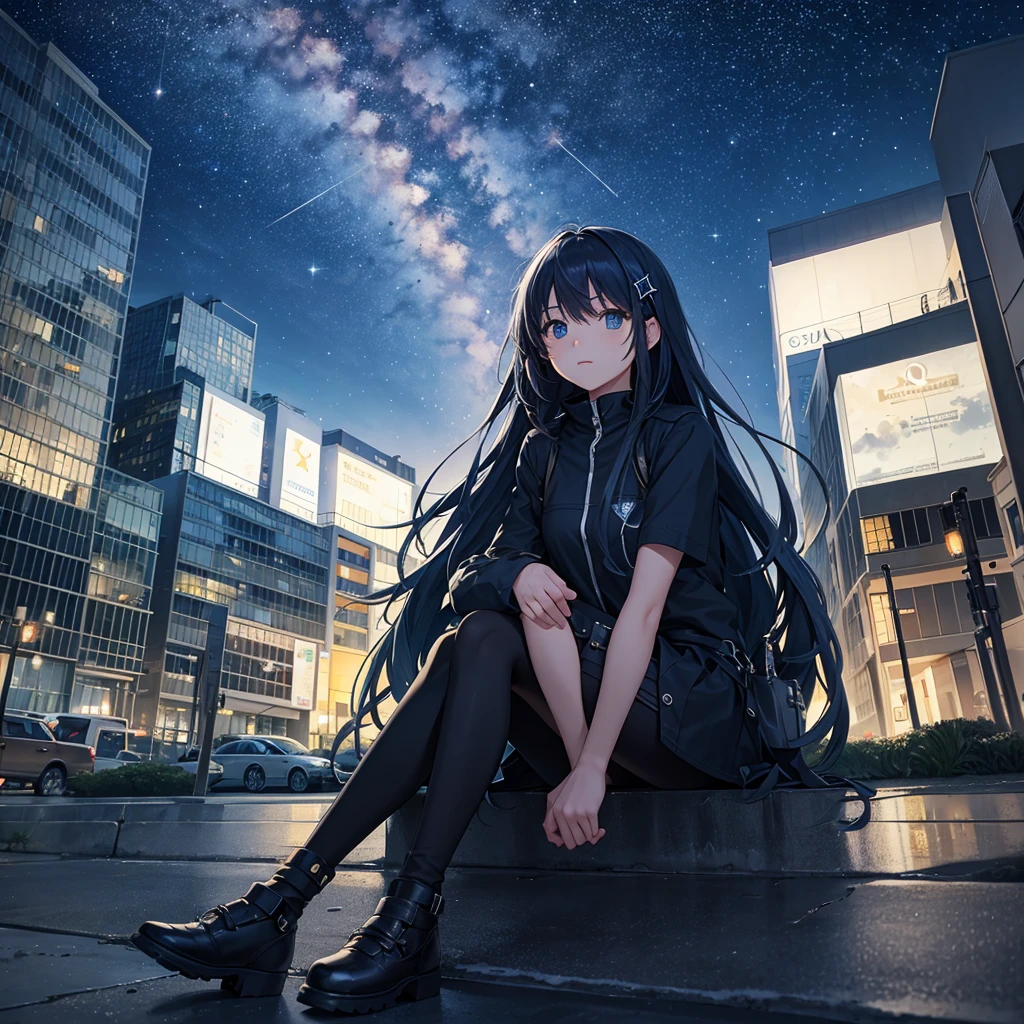 octans, sky, star (sky), scenery, starry sky, night, 1girl, night sky, solo, outdoors, building, cloud, milky way, sitting, tree, long hair, city, silhouette, cityscape  