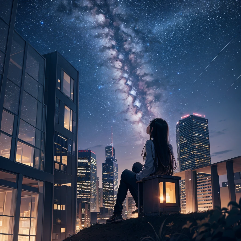 octans, sky, star (sky), scenery, starry sky, night, 1girl, night sky, solo, outdoors, building, cloud, milky way, sitting, tree, long hair, city, silhouette, cityscape  