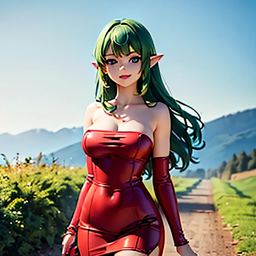  ((masterpiece,best quality,ultra-delicate,Perfect Face,16k,high resolution,very beautiful girl)), ((Red strapless bodycon tube dress,Red long arm sleeves)),shoulder length green hair,Elf Girl,large Breasts,blue eyes,Beautiful smile,cowboy shot