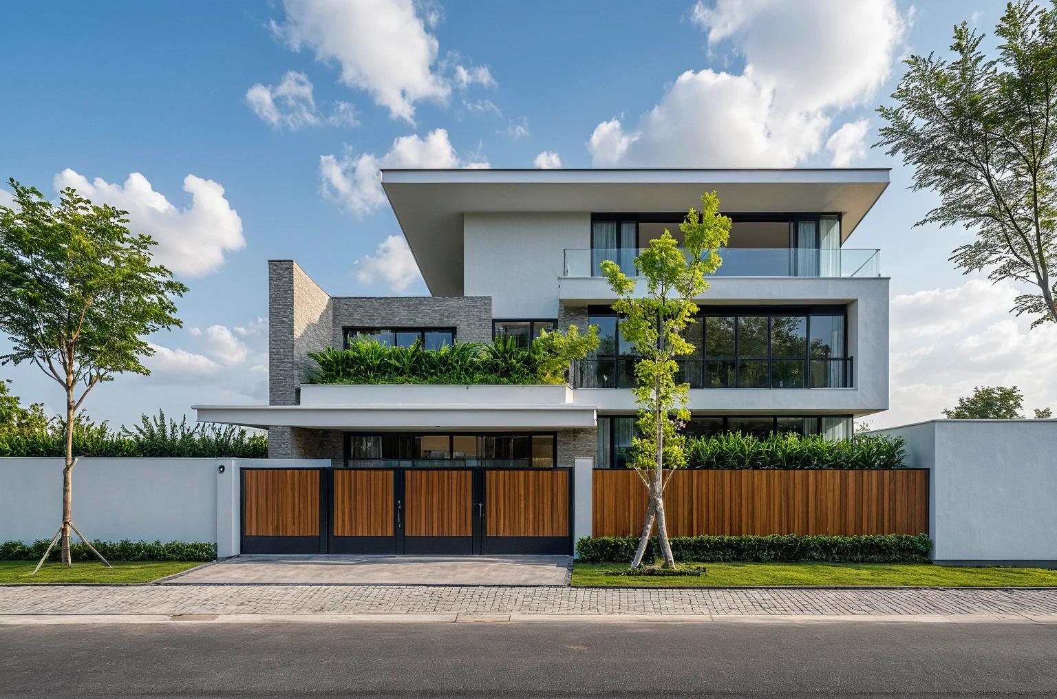 Masterpiece, high quality, best quality, realistic, super detailed, outdoor, modern house style, bietthuhn, white wall, glass door, street gate, sidewalk, grass, trees, Beautiful sky , (day:1.1), true light