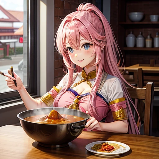 Pink-haired goddess eating curry Indian traditional clothing Isekai Cafeteria ナンがある