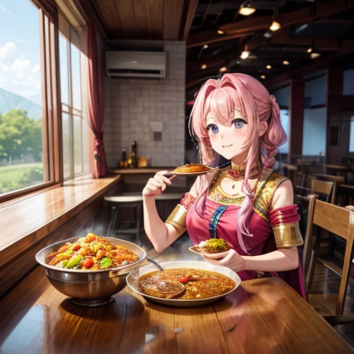 Pink-haired goddess eating curry Indian traditional clothing Isekai Cafeteria ナンがある