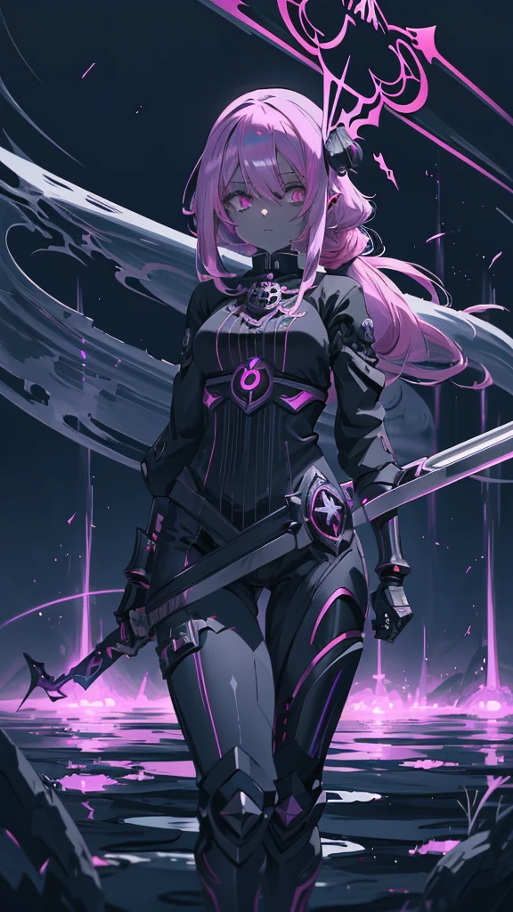 A drawing of a girl with long pink hair and a sword, Anime Monster Girl, Holy Cyborg Necromancer Girl, Devil Anime Girl, /!\ witch, Anime Moe Art Style, Gap Moe Yandere Grimdark, Black Magician Girl, Alchemist Girl, Evil Aura, Devil Girl, Dark Aura, Beautiful necromancer girl, Dark aura