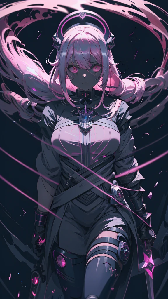 A drawing of a girl with long pink hair and a sword, Anime Monster Girl, Holy Cyborg Necromancer Girl, Devil Anime Girl, /!\ witch, Anime Moe Art Style, Gap Moe Yandere Grimdark, Black Magician Girl, Alchemist Girl, Evil Aura, Devil Girl, Dark Aura, Beautiful necromancer girl, Dark aura