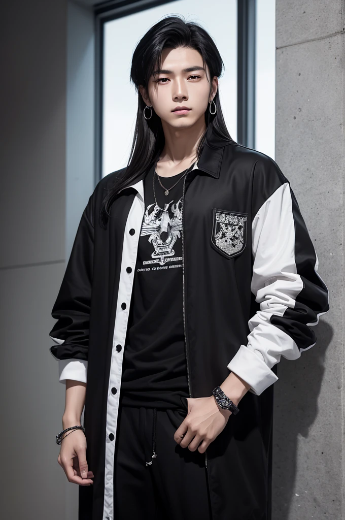 young teenager, with black hair with white highlights, a handsome young man, Cao Cao, defined body, not much to smile, wears clothes that cover his body a lot, wear black bracelets, very stylish,wear earrings