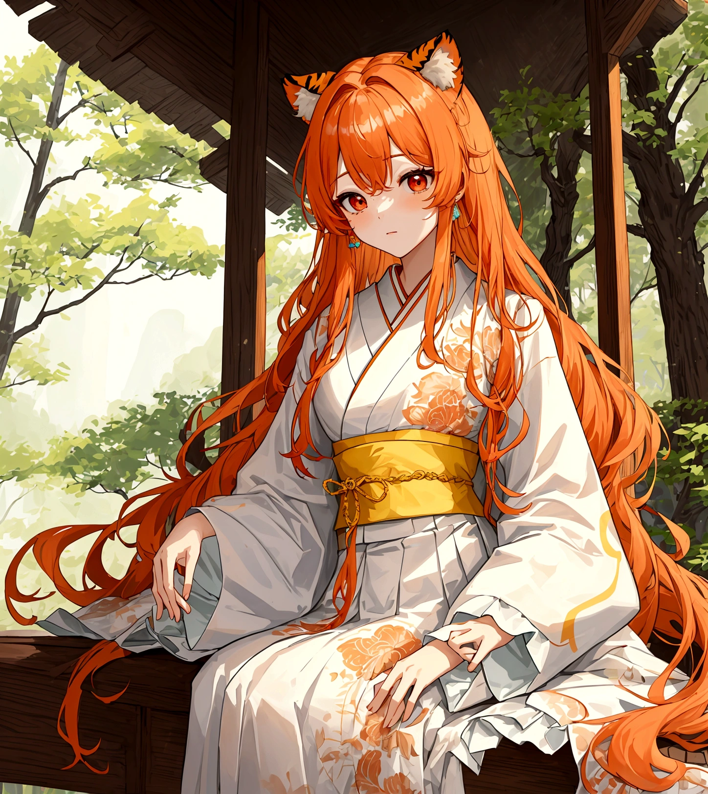 ((최고의 품질)), ((걸작)), (상세한), 여자 1명, Orange color hair , black highlights hair , Long and wavy flowing freely hair ,tiger ears on top of the head , red eyes , Calm and gentle eyes , Fair complexion skin , Traditional Korean hanbok , Cream-colored with intricate patterns and details hanbok , Full skirt typical of a hanbok , Complementary colors and patterns to the top, flowing gracefully hanbok , Forest , Daytime with clear skies , The character is standing gracefully in the forest, blending the traditional elegance of the hanbok with the serene natural surroundings