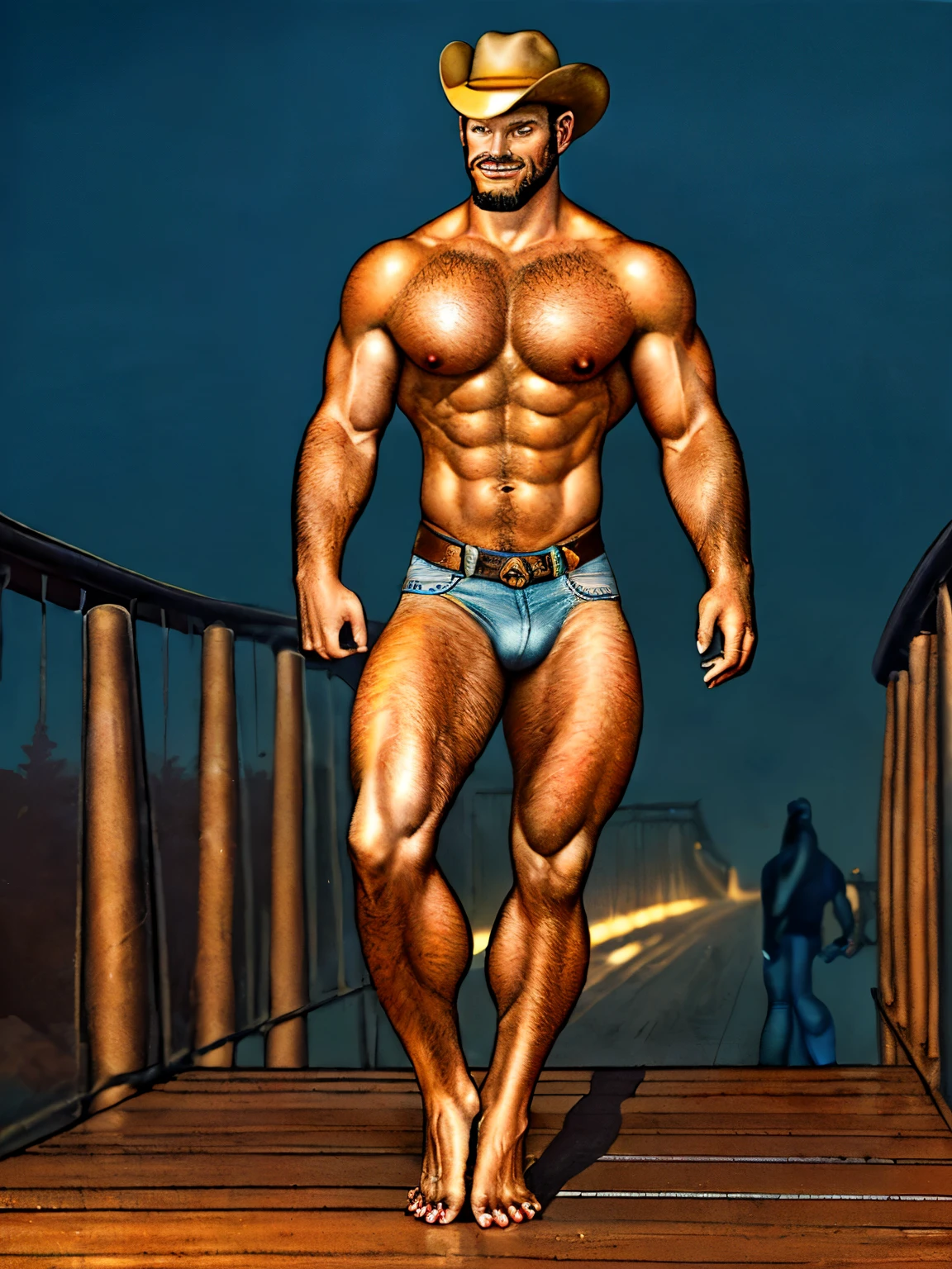 wolverine, nighttime, jeans, tshirt, cowboy hat, walking on a metal bridge, ((5 toes)), (foot focus), ((perfect feet)),  detailed toes, ((barefoot)), (((masterpiece, best quality, ultra-detailed))), ((((((full body)))))), ((beard)), (((thick thighs)))  