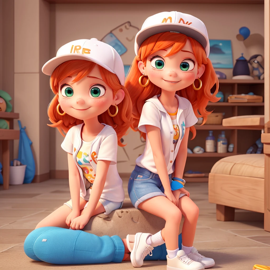 Pixar style,MG_ip,1girl,hat,solo,jewelry,sitting,baseball cap,earrings,shoes,shorts,orange hair,long hair,smile,shirt,sneakers,white footwear,chibi,blush,socks,white shirt,bottle,looking at viewer,short sleeves,white socks,vest,full body,closed mouth,